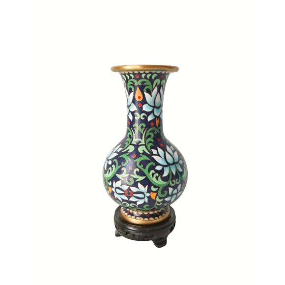 Vintage Cloisonne Lotus Vase with Wood Stand Hand Painted Floral Enamel - Picture 1 of 7